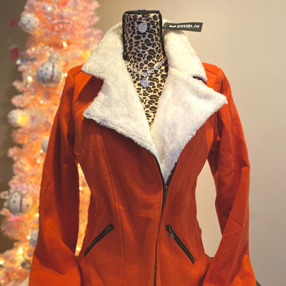 Doublju Orange Teddy Jacket with White Faux Fur